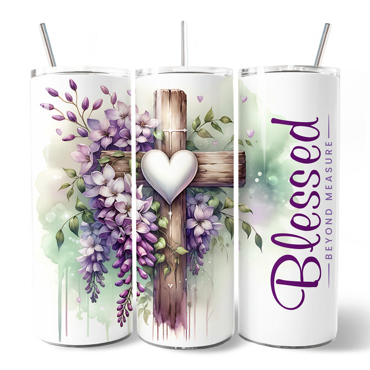 Christian Purple Wisteria Cross 20oz Personalized Tumbler With Lid and Stainless Steel Straw, Blessed Beyond Measure Gift Cup