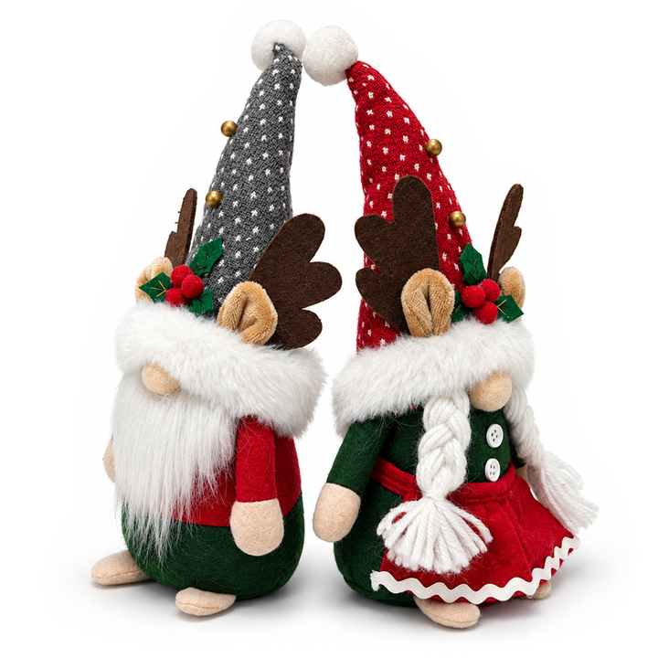 Christmas Reindeer Plush Gnome Set of 2, Cozy Woodland 11.5" Holiday Decor