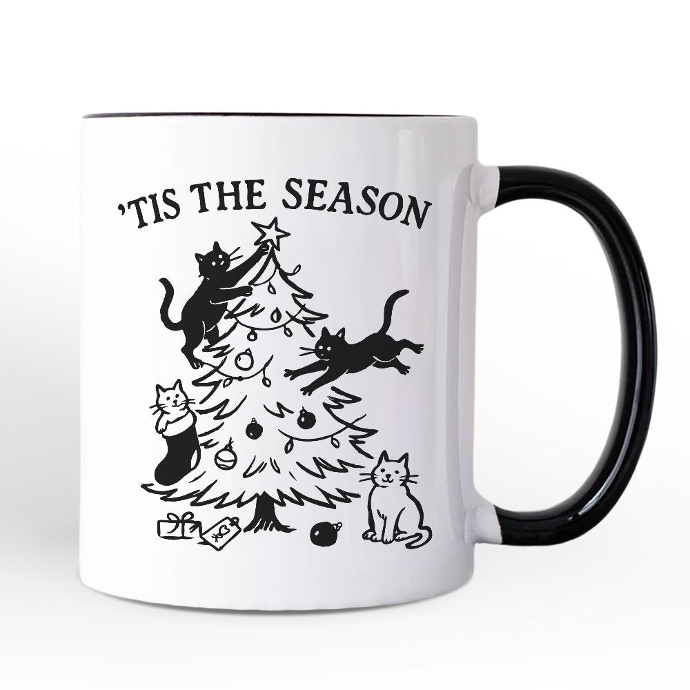 Christmas Tree Killer Cats Personalized Mug, Tis the Season Funny Holiday Gift with Custom Name Personalized Ceramic Mug OrnamentallyYou White - Black Non-Custom 