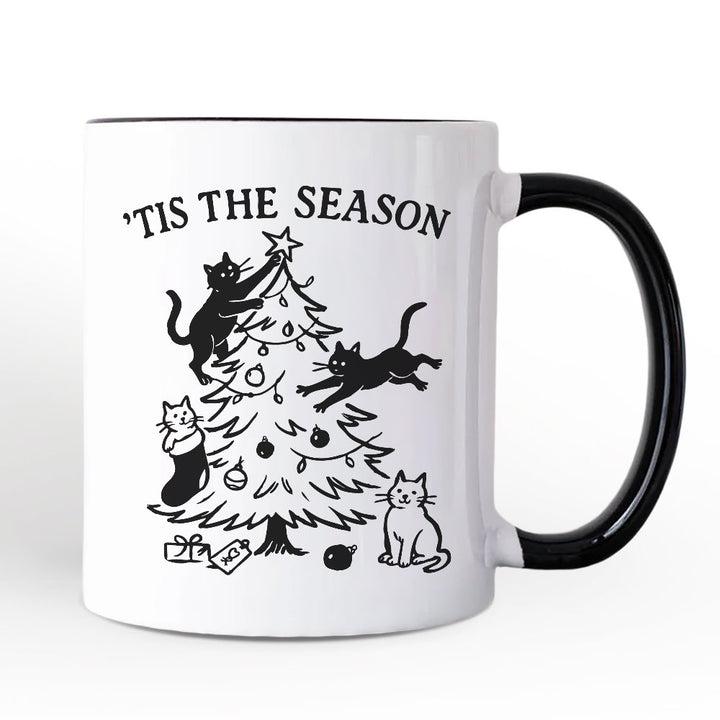 Christmas Tree Killer Cats Personalized Mug, Tis the Season Funny Holiday Gift with Custom Name Personalized Ceramic Mug OrnamentallyYou White - Black Non-Custom 