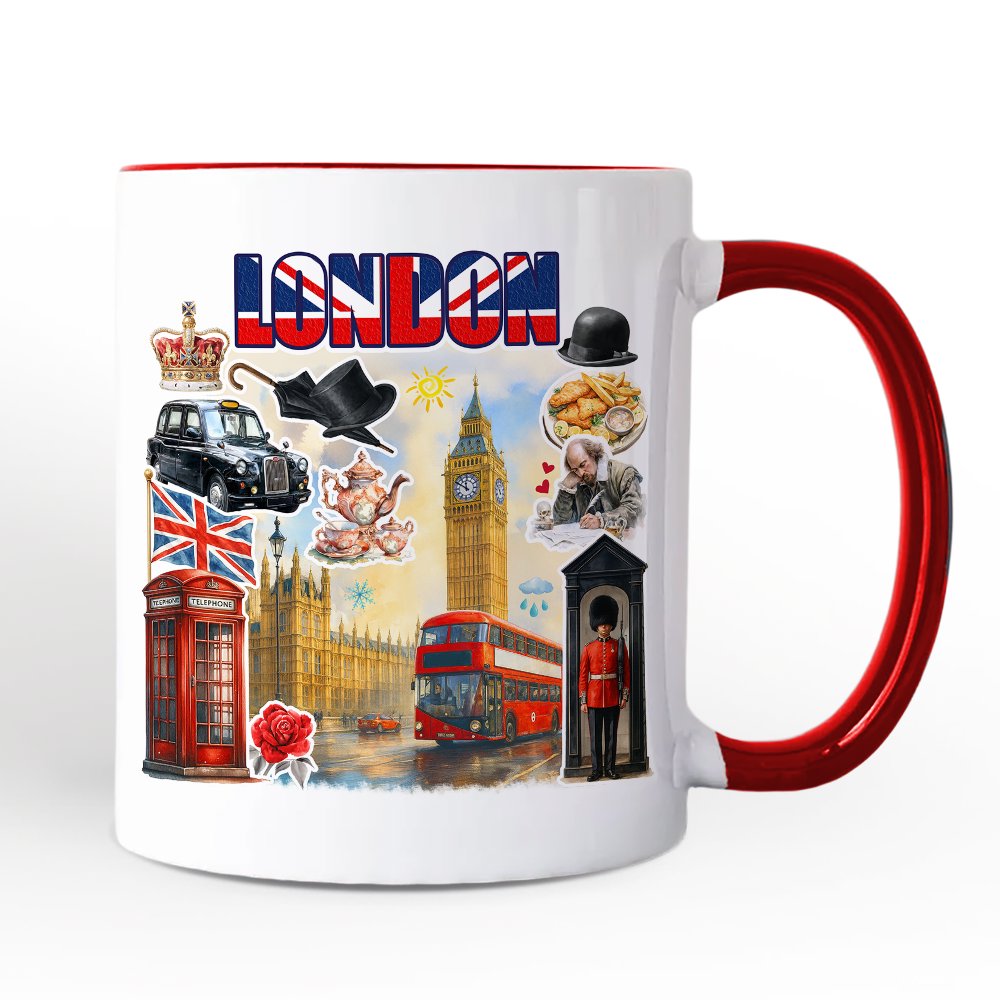 Classic London Artwork City Full of Landmarks Personalized Mug, Vintage Gift and Souvenir of England with Custom Name Personalized Ceramic Mug OrnamentallyYou White - Red Non-Custom 