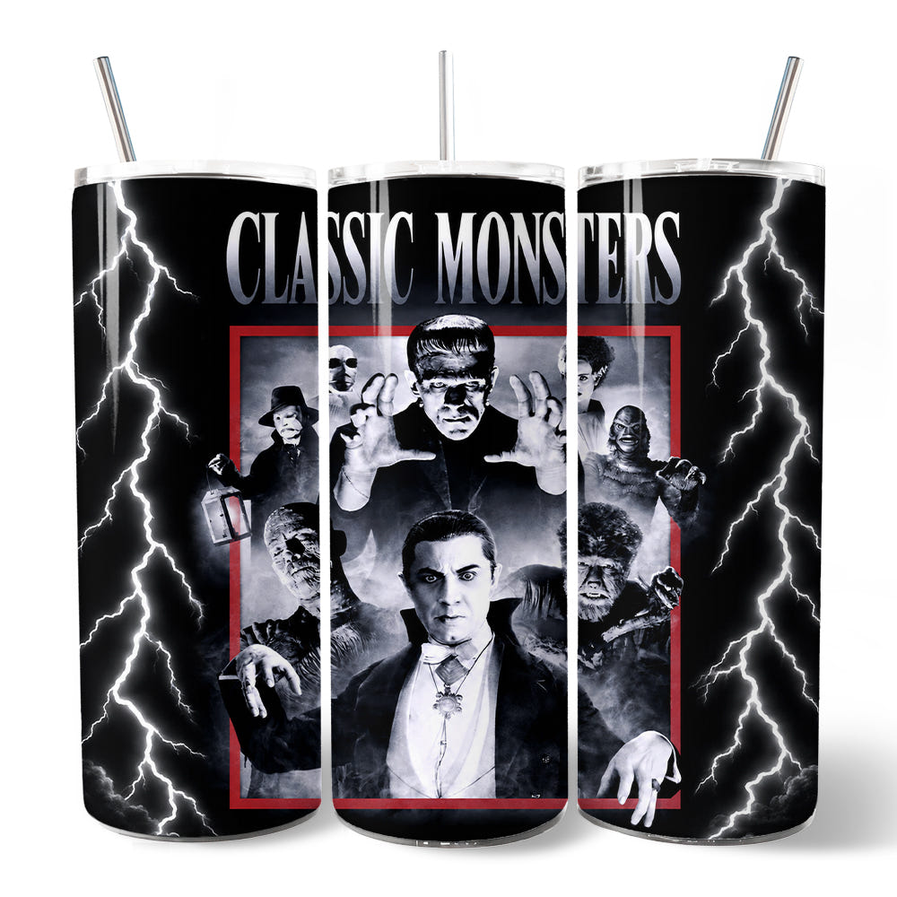 Classic Monsters Black and White 20oz Personalized Tumbler With Lid and Stainless Steel Straw, Retro Vintage Horror Gift Cup