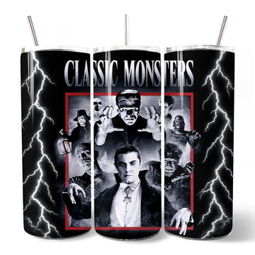 Classic Monsters Black and White 20oz Personalized Tumbler With Lid and Stainless Steel Straw, Retro Vintage Horror Gift Cup