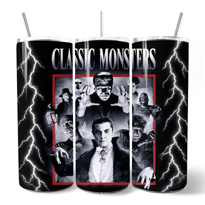 Classic Monsters Black and White 20oz Personalized Tumbler With Lid and Stainless Steel Straw, Retro Vintage Horror Gift Cup