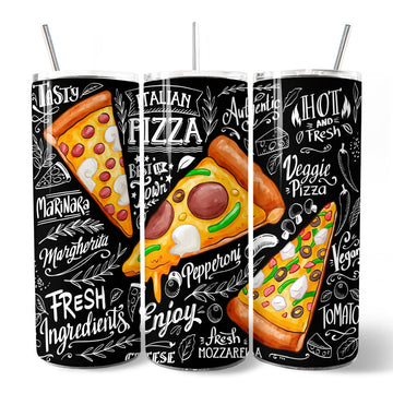 Classic Pizza Slice Doodle 20oz Personalized Tumbler With Lid and Stainless Steel Straw, Italian Pizzeria Chalk Art Gift Cup Tumbler OrnamentallyYou 