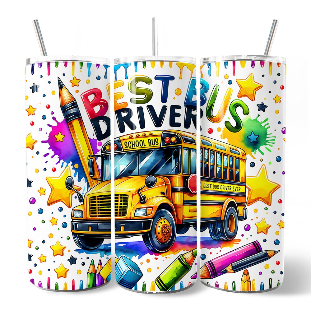 Colorful Best Bus Driver 20oz Personalized Tumbler With Lid and Stainless Steel Straw, School Staff Appreciation Gift Cup Tumbler OrnamentallyYou 