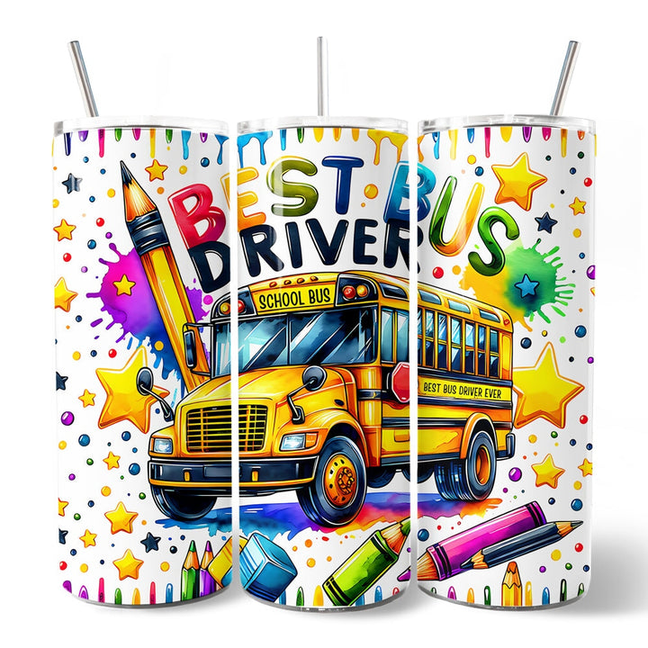 Colorful Best Bus Driver 20oz Personalized Tumbler With Lid and Stainless Steel Straw, School Staff Appreciation Gift Cup Tumbler OrnamentallyYou 