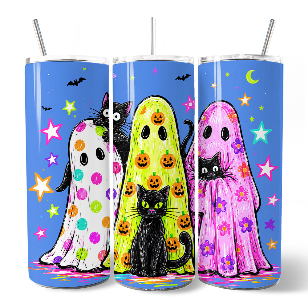 Colorful Ghosts and Black Cats 20oz Personalized Tumbler With Lid and Stainless Steel Straw, Neon Halloween Spooky Season Gift Cup