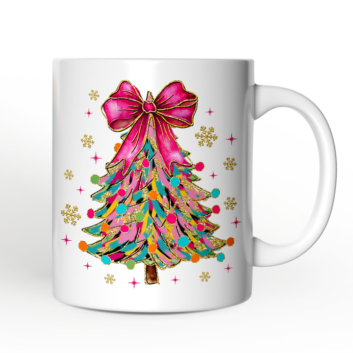 Colorful Glitter Christmas Tree Pink Bow Personalized Mug, Pink Bow Coquette Holiday Gift with Custom Name