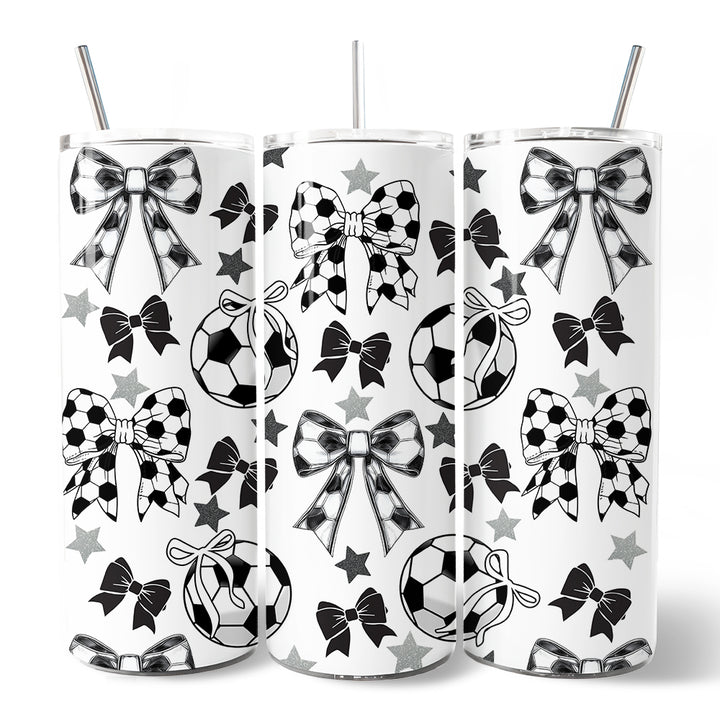 Coquette Black and White Soccer Bow 20oz Personalized Tumbler With Lid and Stainless Steel Straw, Sporty Girls Pattern Gift Cup