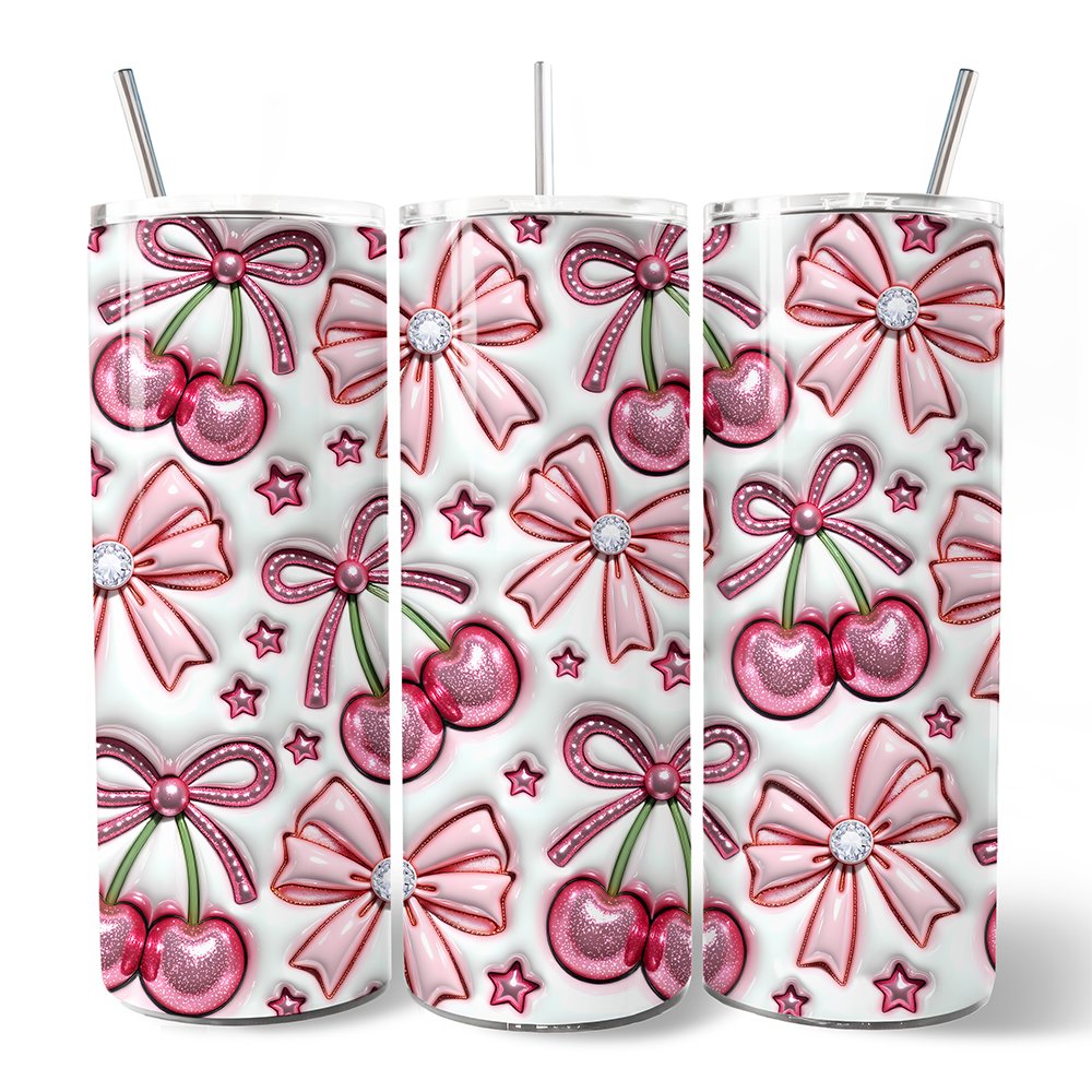Coquette Cherry Bows 3D Inflated Tumbler With Lid and Stainless Steel Straw, Spring Floral Travel Mug Gift Tumbler OrnamentallyYou 