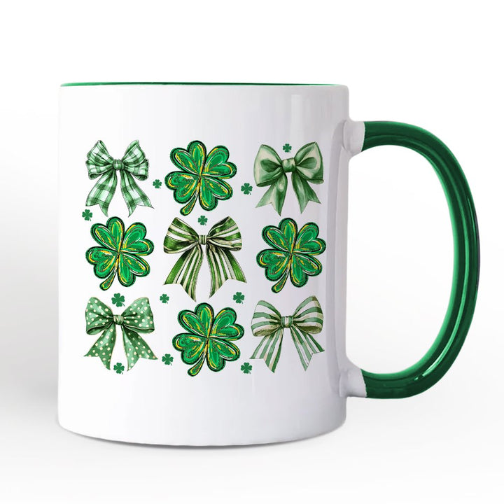 Coquette Clover Bows St Patrick’s Day Personalized Mug, Green Irish Lucky Shamrock Gift with Custom Name Personalized Ceramic Mug OrnamentallyYou White - Green Non-Custom 