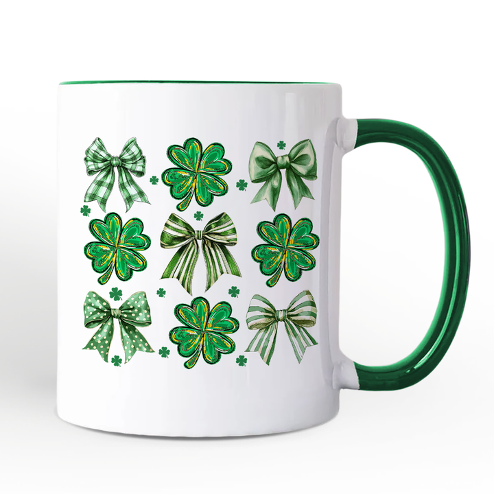 Coquette Clover Bows St Patrick’s Day Personalized Mug, Green Irish Lucky Shamrock Gift with Custom Name
