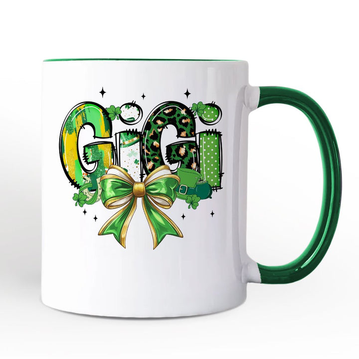 Coquette Gigi Bow St Patrick’s Day Personalized Mug, Green Lucky Shamrock Clover Gift with Custom Name Personalized Ceramic Mug OrnamentallyYou White - Green Non-Custom 