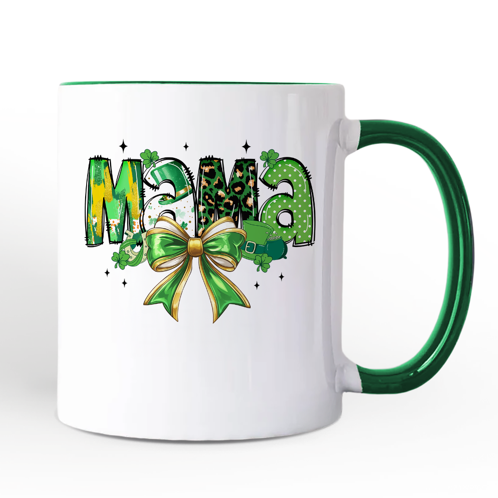 Coquette Mama Bow St Patrick’s Day Personalized Mug, Green Lucky Shamrock Clover Gift with Custom Name