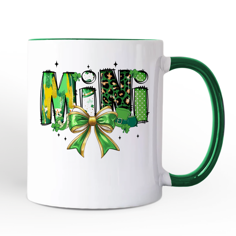 Coquette Mini Clover Bow St Patrick’s Day Personalized Mug, Green Lucky Shamrock Clover Gift with Custom Name