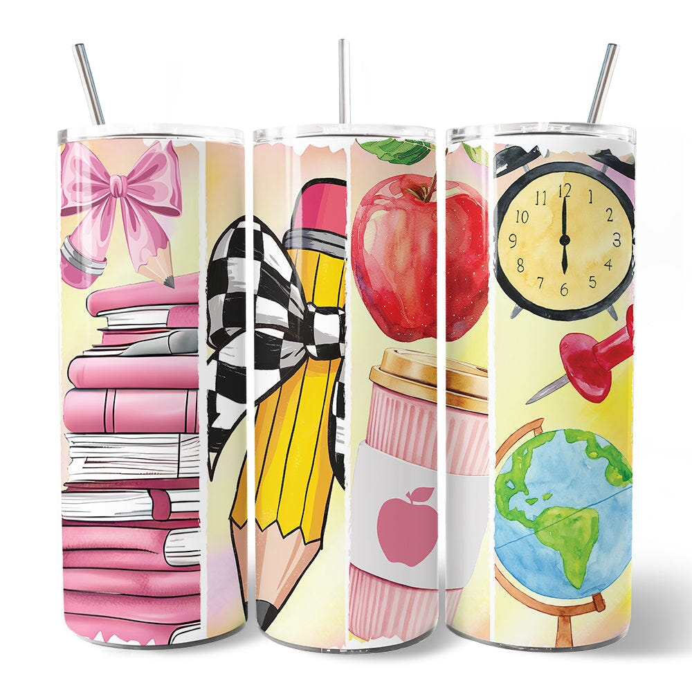 Coquette Pink Teacher 20oz Personalized Tumbler With Lid and Stainless Steel Straw, Retro School Brushstrokes Gift Cup Tumbler OrnamentallyYou 