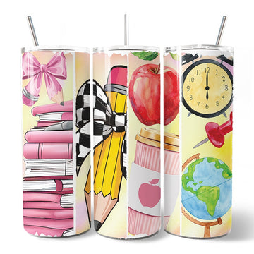 Coquette Pink Teacher 20oz Personalized Tumbler With Lid and Stainless Steel Straw, Retro School Brushstrokes Gift Cup Tumbler OrnamentallyYou 