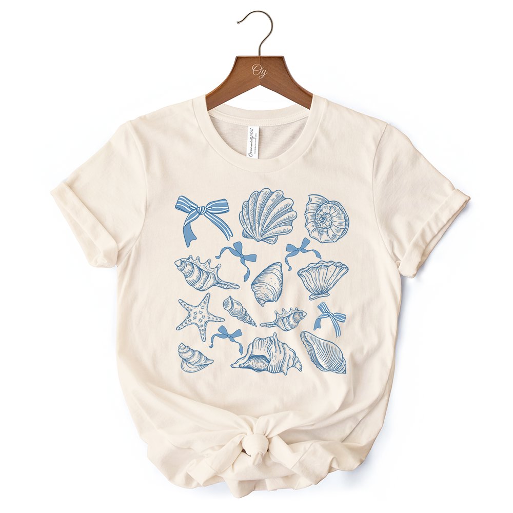 Coquette Seashell Summer Vibe T-Shirt, Natural and White Retro Beach Tee Gift for Ocean Lover T-Shirts OrnamentallyYou 