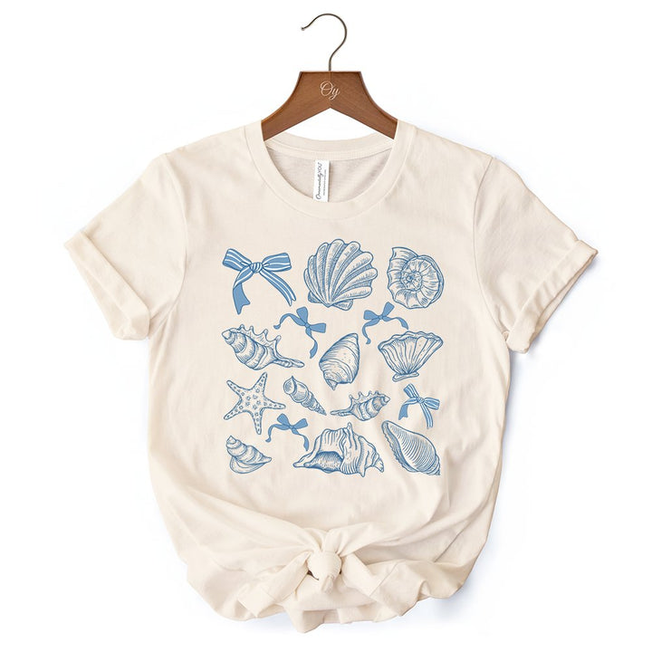 Coquette Seashell Summer Vibe T-Shirt, Natural and White Retro Beach Tee Gift for Ocean Lover T-Shirts OrnamentallyYou 