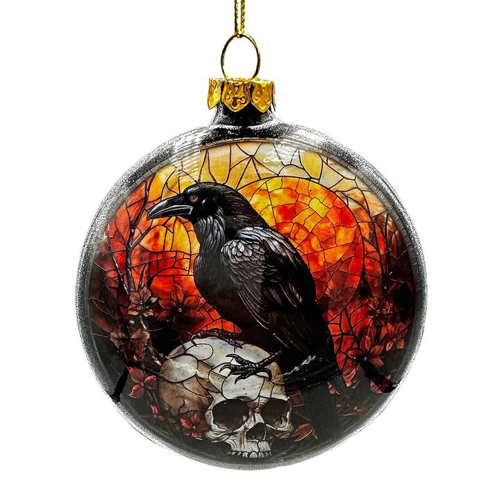 Creepy Stained Glass Skeleton and Raven Haunted Ornament, Halloween Horror and Christmas Tree Decor Glass Ornament OrnamentallyYou 