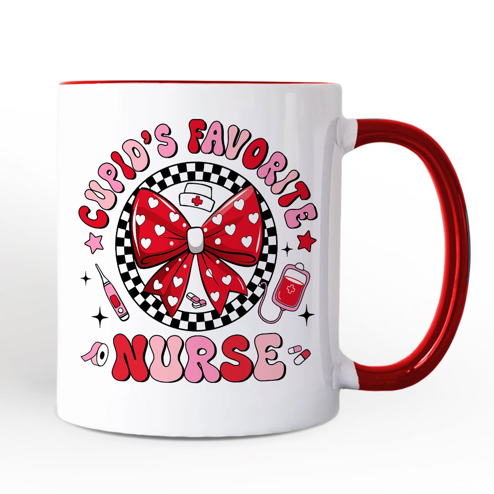 Cupid's Favorite Nurse Coquette Bow Personalized Mug, Cute Valentine Nurse Gift with Custom Name Personalized Ceramic Mug OrnamentallyYou White - Red Non-Custom 