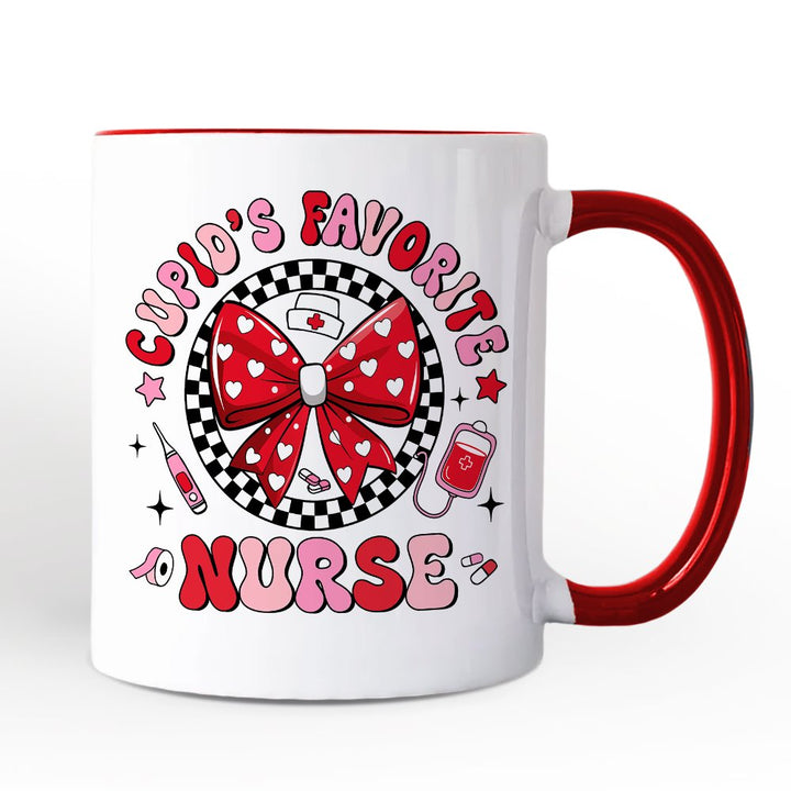 Cupid's Favorite Nurse Coquette Bow Personalized Mug, Cute Valentine Nurse Gift with Custom Name Personalized Ceramic Mug OrnamentallyYou White - Red Non-Custom 