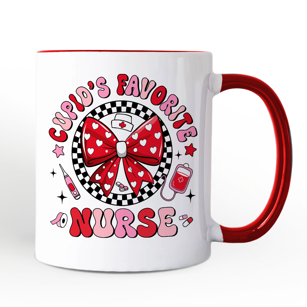 Cupid's Favorite Nurse Coquette Bow Personalized Mug, Cute Valentine Nurse Gift with Custom Name