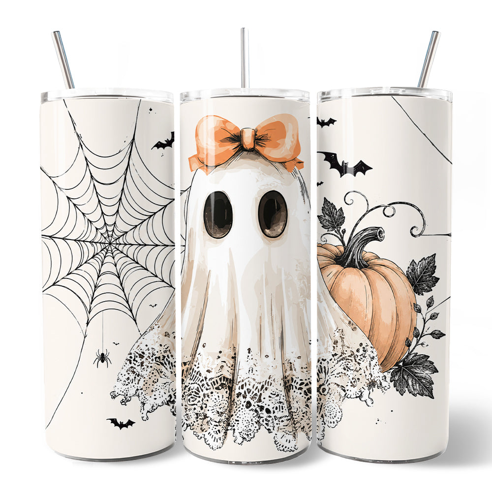 Cute Lace Ghost Coquette 20oz Personalized Tumbler With Lid and Stainless Steel Straw, Floral Vintage Halloween Gift Cup