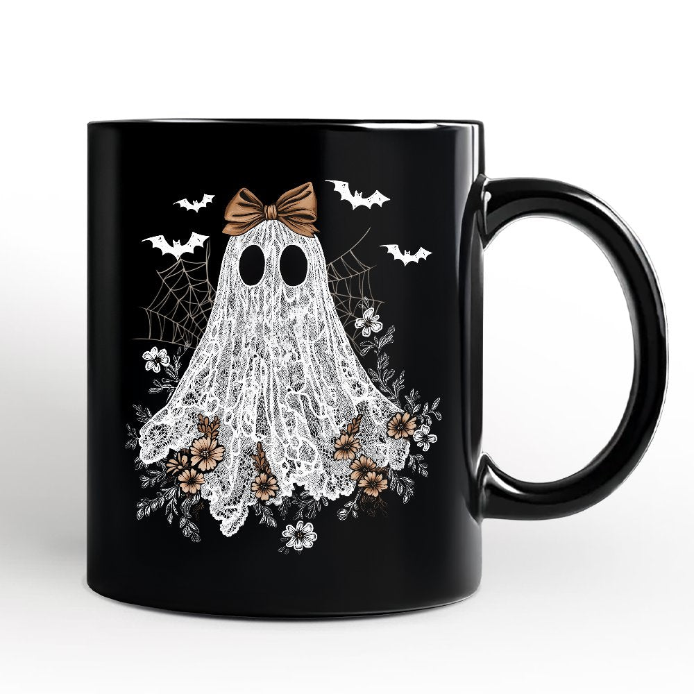 Cute Lace Ghost Coquette Pesonalized Mug, Floral Vintage Halloween Gift with Custom Name Personalized Ceramic Mug OrnamentallyYou Black Non-Custom 