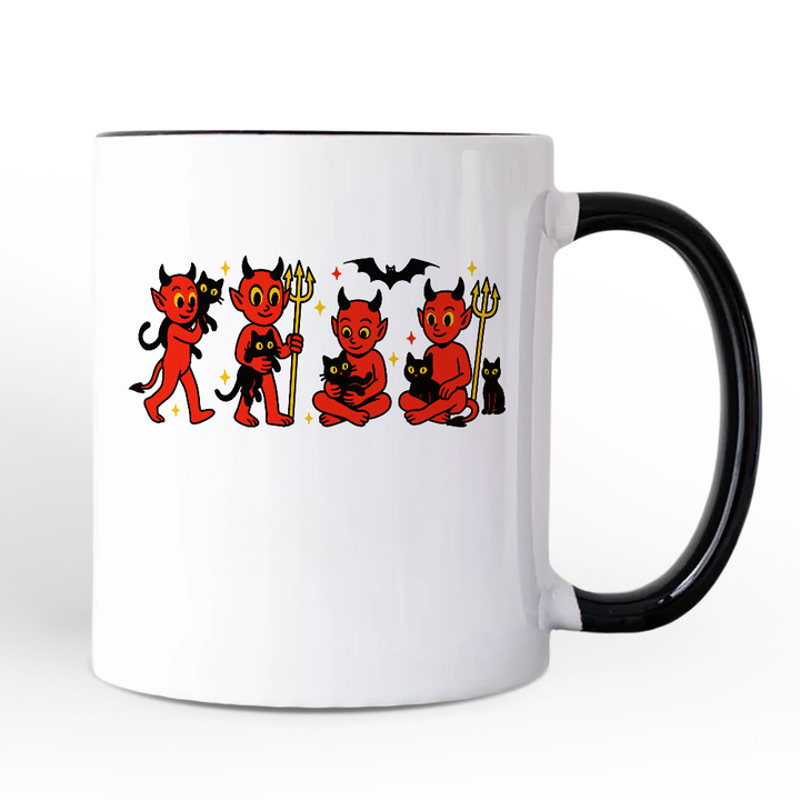 Cute Red Devils and Cats Personalized Mug, Vintage Halloween Gift with Custom Name