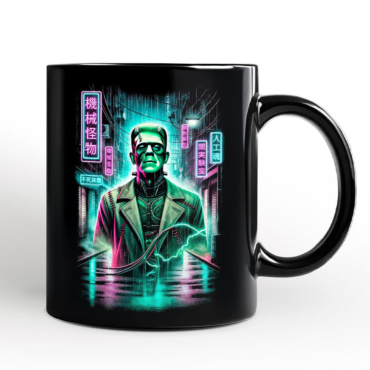 Cyberpunk Frankenstein Personalized Mug, Neon Halloween Monster Gift with Custom Name Personalized Ceramic Mug OrnamentallyYou Black Non-Custom 