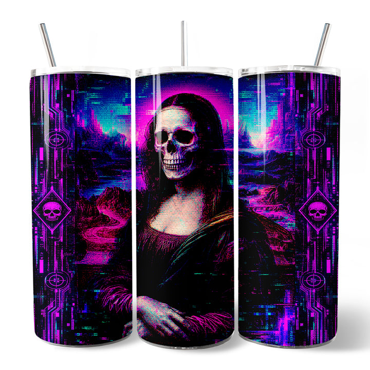 Cyberpunk Skeleton Mona Lisa Glitch 20oz Personalized Tumbler With Lid and Stainless Steel Straw, Neon Synthwave Art Gift Cup