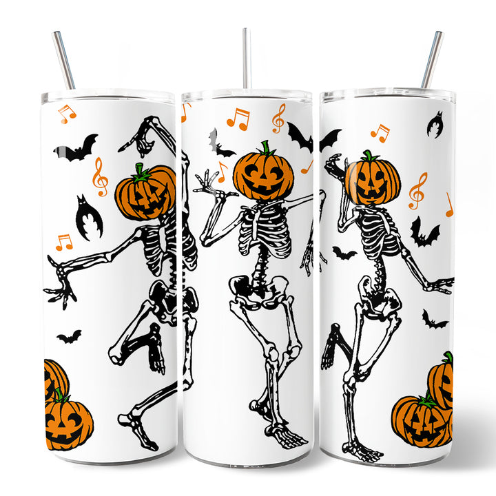 Dancing Skeletons with Pumpkin Head 20oz Personalized Tumbler With Lid and Stainless Steel Straw, Funny Dry Bones Come Alive Halloween Gift Cup
