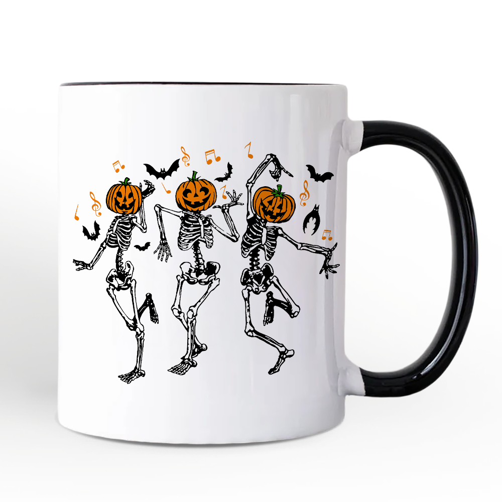 Dancing Skeletons with Pumpkin Head Personalized Mug, Dry Bones Come Alive Halloween Fun Gift with Custom Name