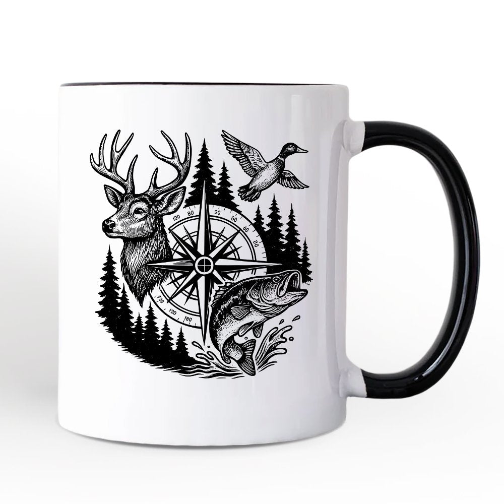 Deer Duck Fishing Hunting Personalized Mug, Camo Vintage Compass Outdoors Gift with Custom Name Personalized Ceramic Mug OrnamentallyYou Black Handle Non-Custom 