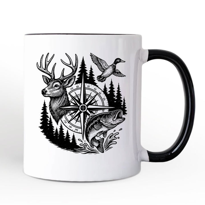 Deer Duck Fishing Hunting Personalized Mug, Camo Vintage Compass Outdoors Gift with Custom Name Personalized Ceramic Mug OrnamentallyYou Black Handle Non-Custom 