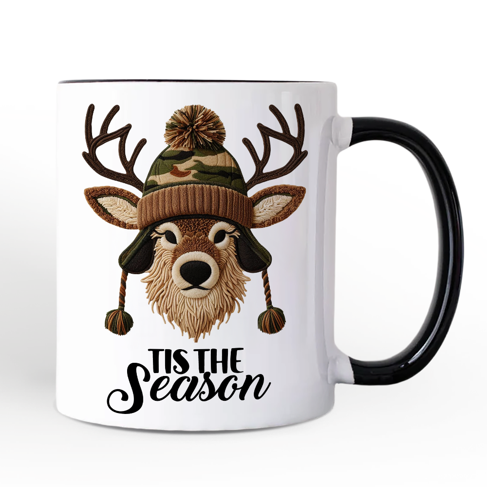 Deer Head Camo Hat Christmas Personalized Mug, Imitation Latch Hook Yarn Cozy Hunting Season Gift with Custom Name