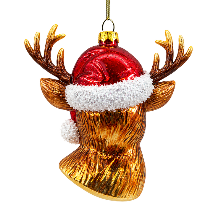 (PRE-ORDER) Deer Head with Santa Hat Glass Christmas Ornament, Buck Woodland Holiday Tree Decor