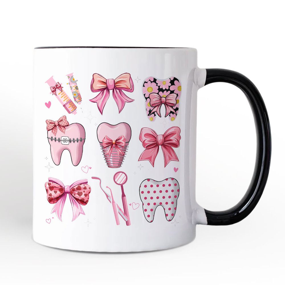 Dental Squad Coquette Personalized Mug, Pink Teeth Dentist Life Bow Gift with Custom Name Personalized Ceramic Mug OrnamentallyYou Black Handle Non-Custom 