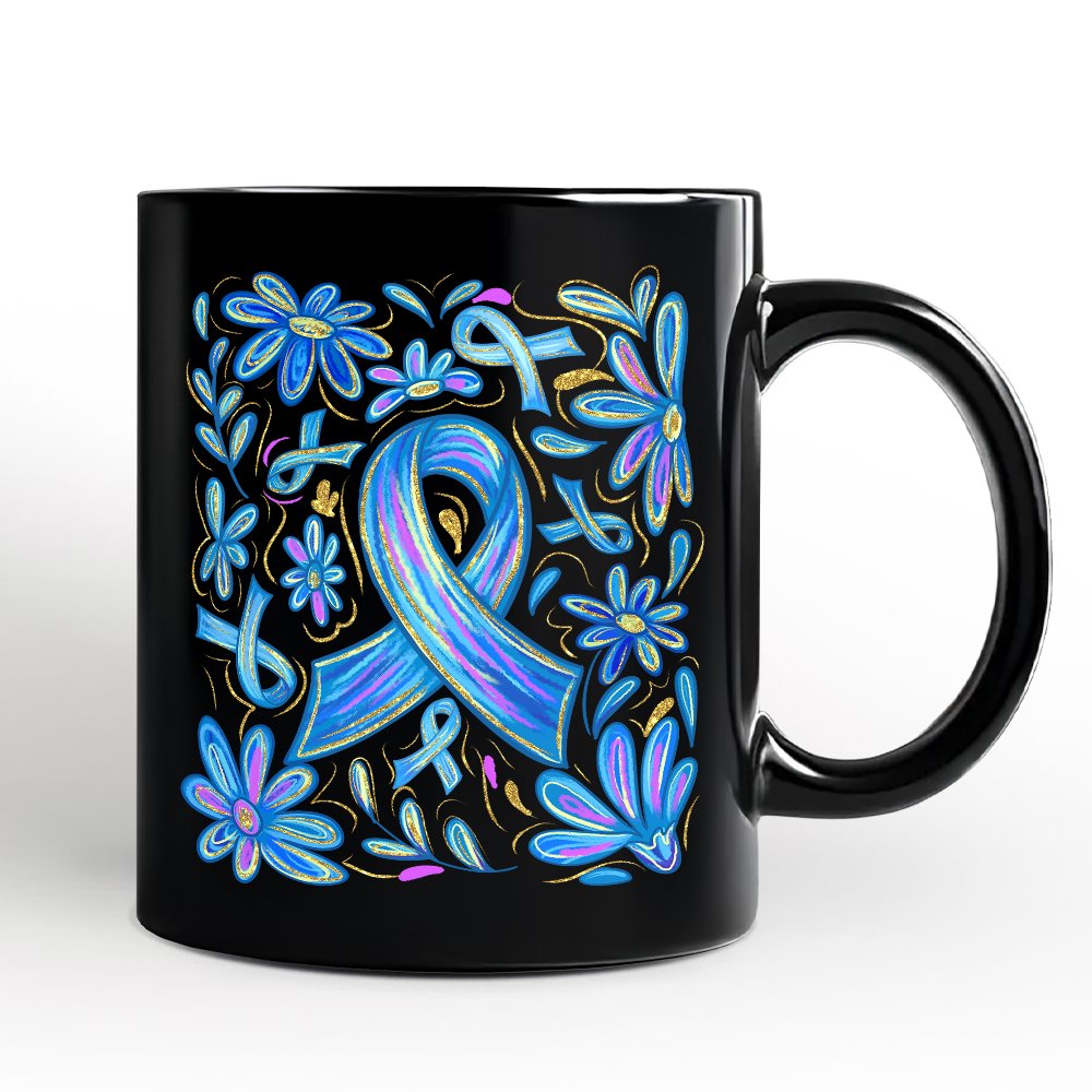 Diabetes Blue Ribbon Floral Personalized Mug, Awareness Support Gift with Custom Name Personalized Ceramic Mug OrnamentallyYou Black Non-Custom 