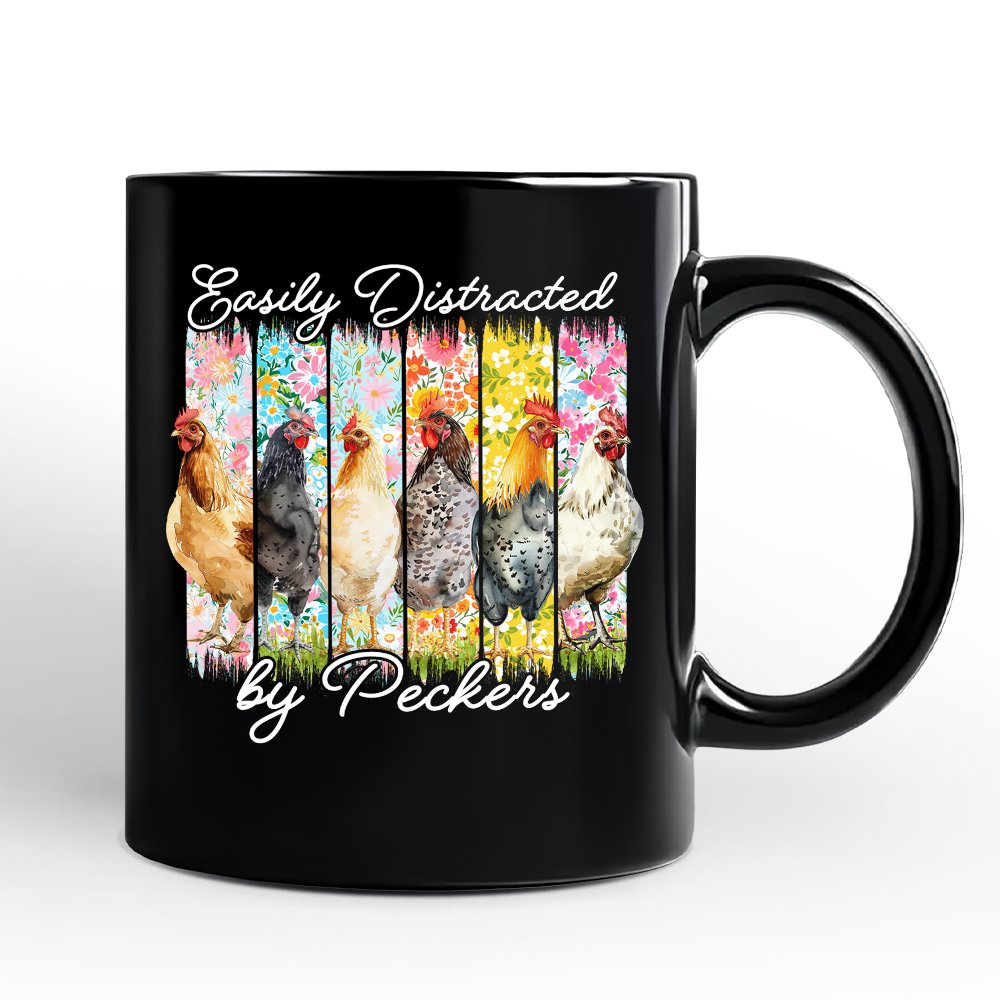 Easily Distracted by Peckers Chicken Farm Personalized Mug, Funny Floral Farmlife Brushstroke Gift with Custom Name Personalized Ceramic Mug OrnamentallyYou Black Non-Custom 