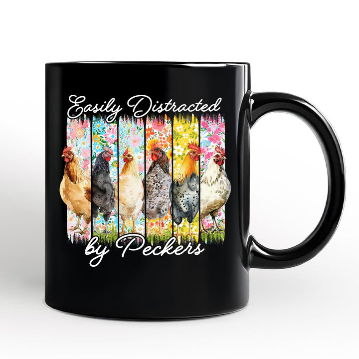 Easily Distracted by Peckers Chicken Farm Personalized Mug, Funny Floral Farmlife Brushstroke Gift with Custom Name Personalized Ceramic Mug OrnamentallyYou Black Non-Custom 