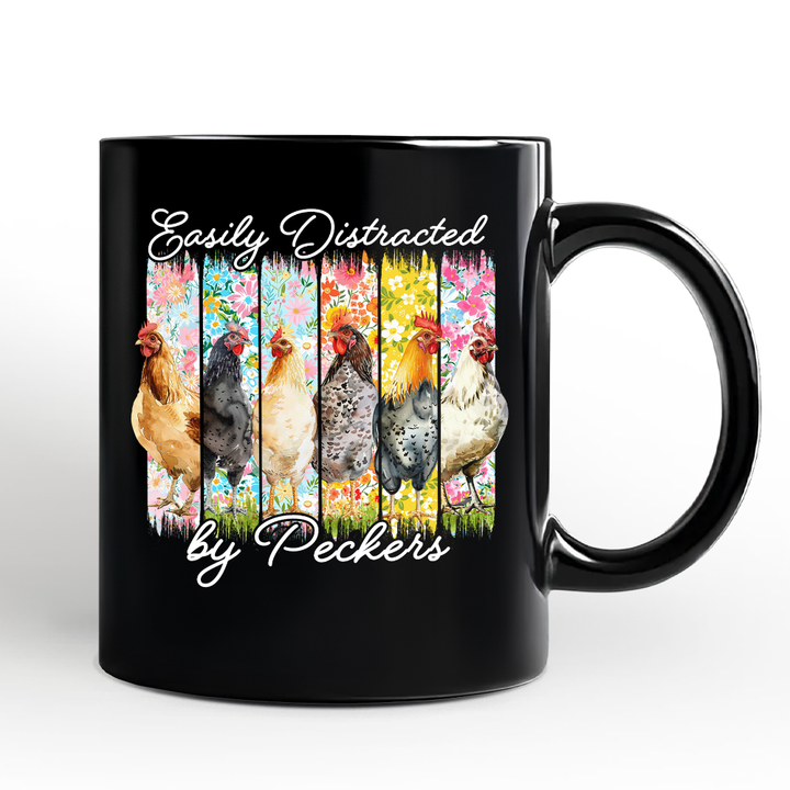 Easily Distracted by Peckers Chicken Farm Personalized Mug, Funny Floral Farmlife Brushstroke Gift with Custom Name