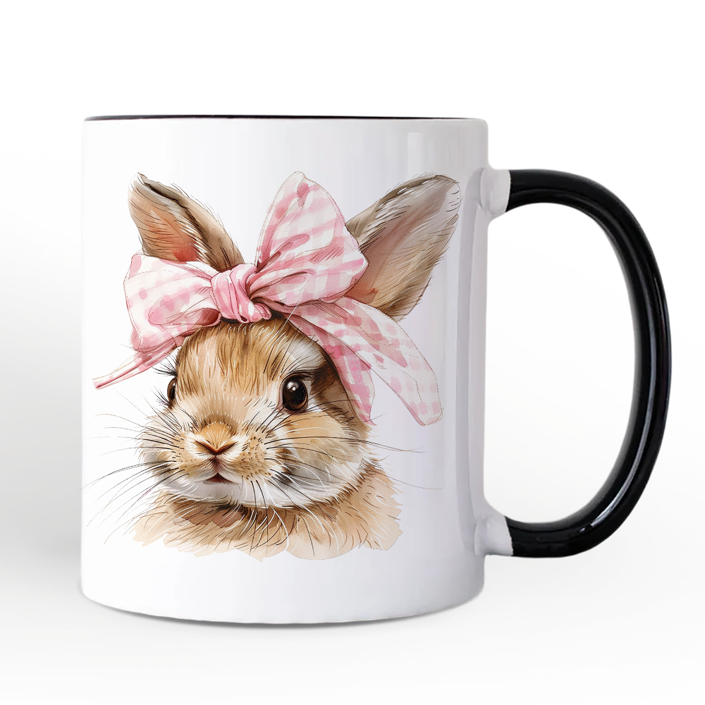 Easter Bunny Coquette Pink Bow Personalized Mug, Cute Watercolor Spring Gift with Custom Name