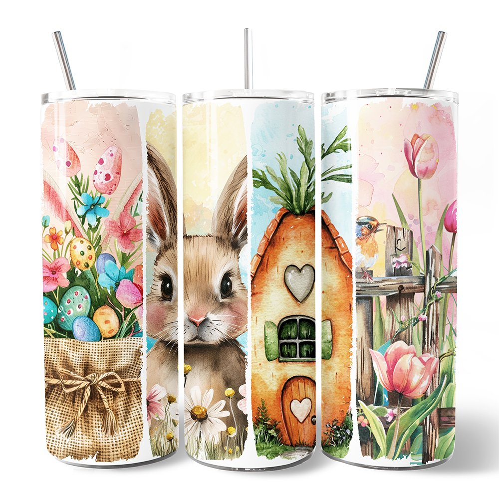 Easter Bunny Floral Brushstroke 20oz Personalized Tumbler With Lid and Stainless Steel Straw, Spring Pastel Coquette Travel Mug Gift Tumbler OrnamentallyYou 