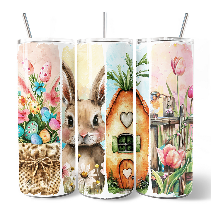 Easter Bunny Floral Brushstroke 20oz Personalized Tumbler With Lid and Stainless Steel Straw, Spring Pastel Coquette Travel Mug Gift