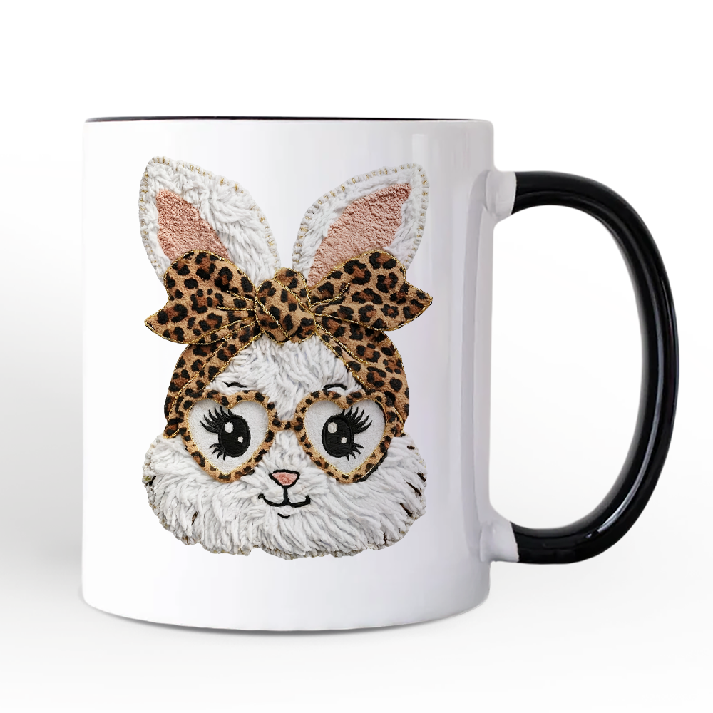Easter Bunny Leopard Bow Personalized Mug, Coquette Printed Faux Embroidery Girly Spring Gift with Custom Name