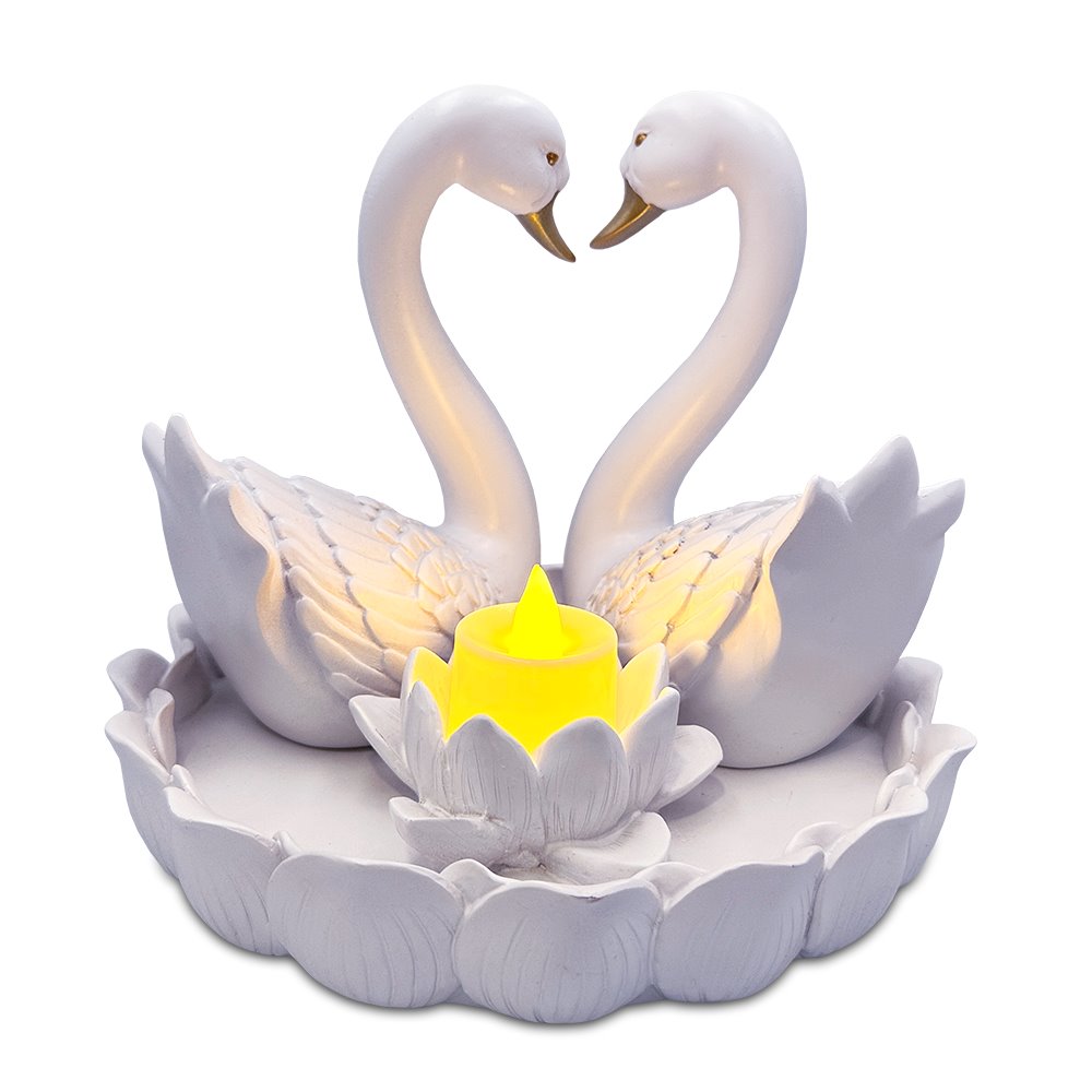 Elegance in Union Swan Figurine and Tealight Candle, 7" Romantic Couples Gift for Valentine or Anniversary Resin Statues OrnamentallyYou 