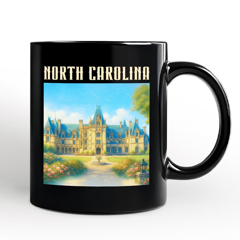 Elegant Biltmore Estate North Carolina State Personalized Mug, Asheville Landmark Gift and Heritage Souvenir with Custom Name Personalized Ceramic Mug OrnamentallyYou Black Non-Custom 